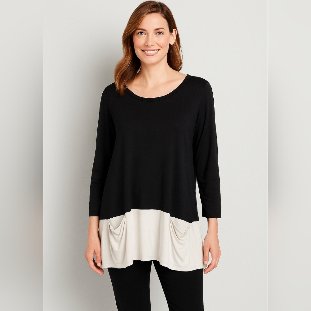 LOGO Lori Goldstein Large Black Grey Pocket Artsy ColorBlock Luxury Tunic Blouse